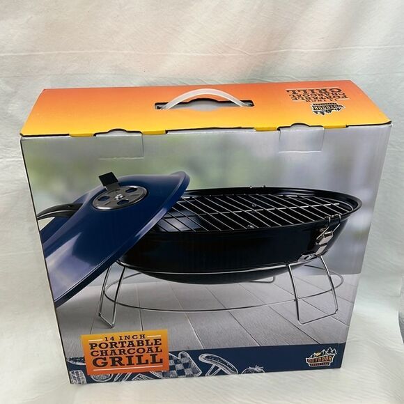 Charcoal Grill Portable 14 Inch Navy Blue Black Silver Outdoor Adventure New - Picture 1 of 3